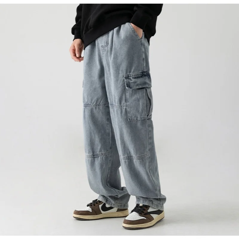 

Workwear Pocket Jeans Men's Split Splicing Pleated Washed Japanese Straight Trousers Cool Women