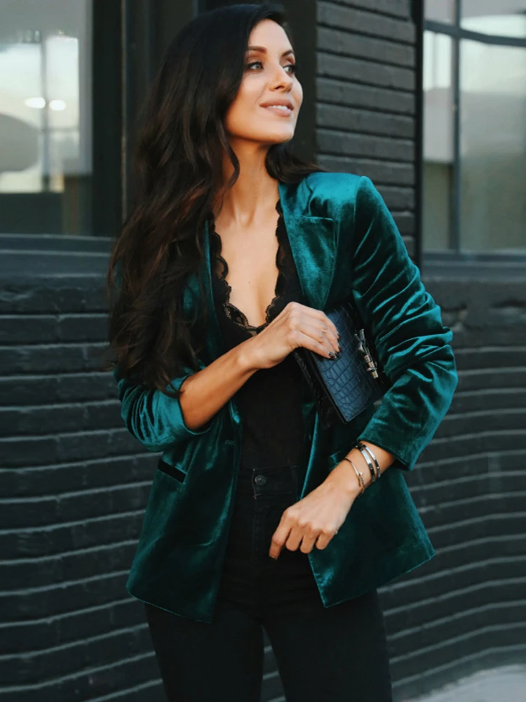 

Golden Velvet Coats Fall Winter Long Sleeve Green Casual Fashion Street Wear Office OL Ladies Tops Bleizer De Mujer