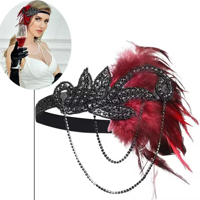 1920's Headband Costume Props Charleston accessories Flapper Headpiece Great Gatsby feather beaded hair band резинки для волос view 3