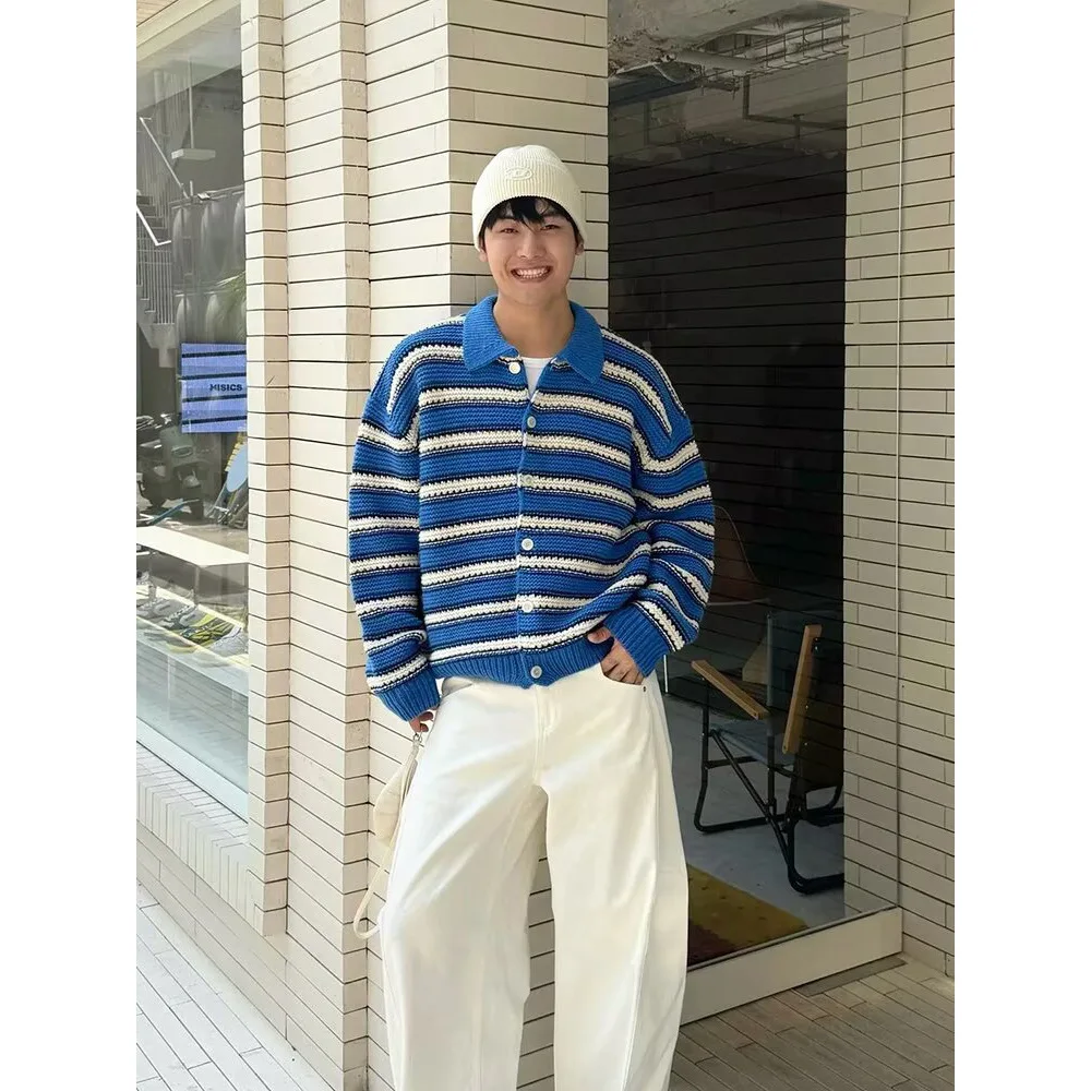 POLO Shirt Lapel Knitted Sweater Men's Striped Cardigan Jacket With Loose And Lazy Outside