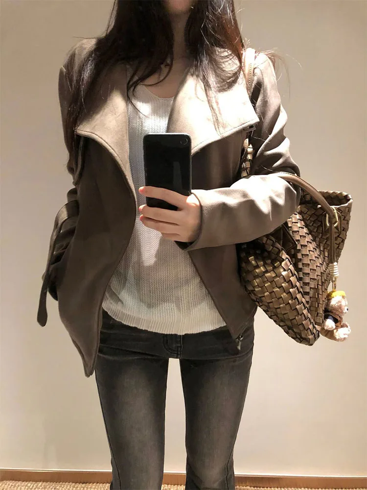 Retro American Suede Motorcycle Jaet Women's Spring Autumn New Design Large Collar Waist-Cinching Leather Jaet ort Coat