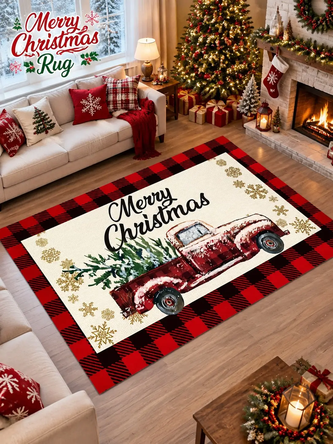 Christmas Rug Pickup Truck Plaid Greetings Living Room Bedroom Study Entryway Floor Carpet Gift for Parents Grandparents Friends Winter Thanksgiving Birthday Anniversary Housewarming Apartment Cabin Farmhouse Home Styling Sofa Side Reading Nook