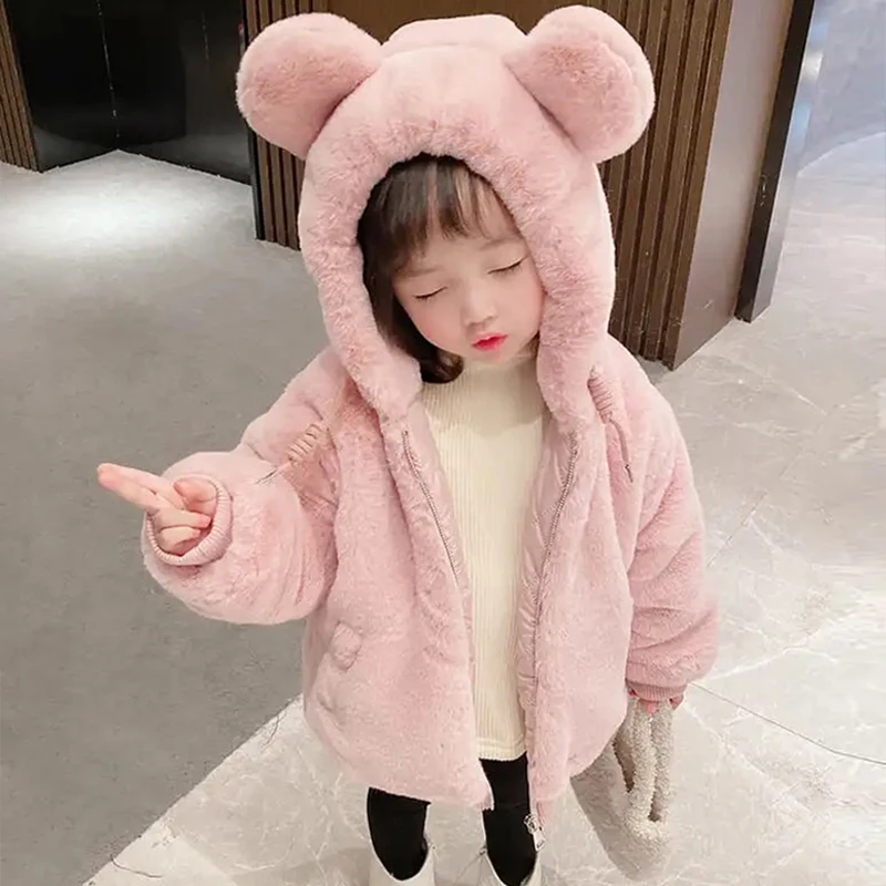 Cute Big Ear Plush Baby Jacket New Autumn Winter Warm Faux Fur Coats For Girls Hooded Snow Coat Soft Children Ouertwear Clothing