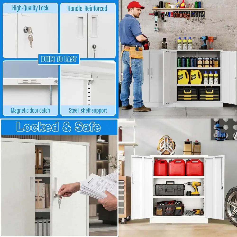 

36 White Metal Storage Cabinet with Lock and Adjustable Shelves for Home, Office, Garage, and More