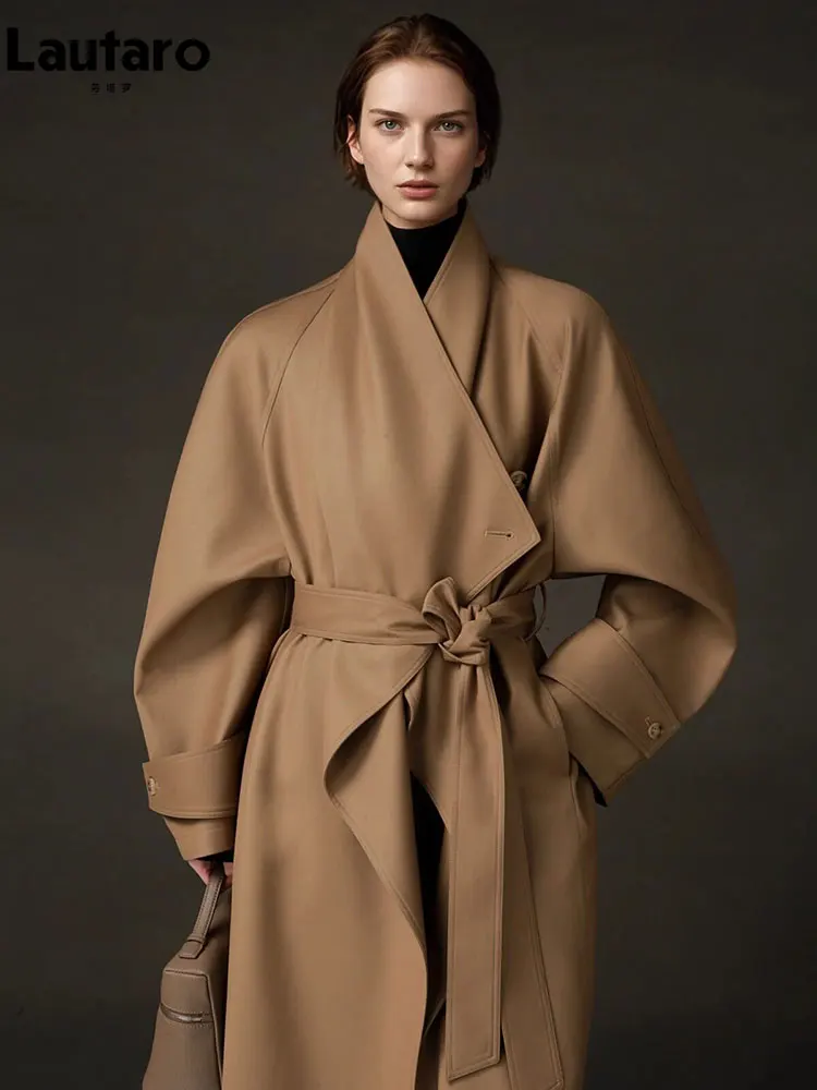 Lautaro Spring Autumn Oversized Khaki Long Dark Purple Trench Coat for Women Sashes Elegant Luxury European Fashion Overcoat