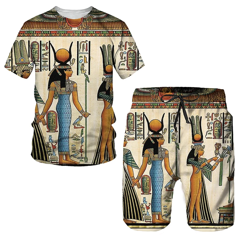 Summer Men's T-shirt Set Fashion Short Sleeve Shorts 2 Pieces Oversized Tracksuit Casual Handsome Egyptian Style Streetwear Suit