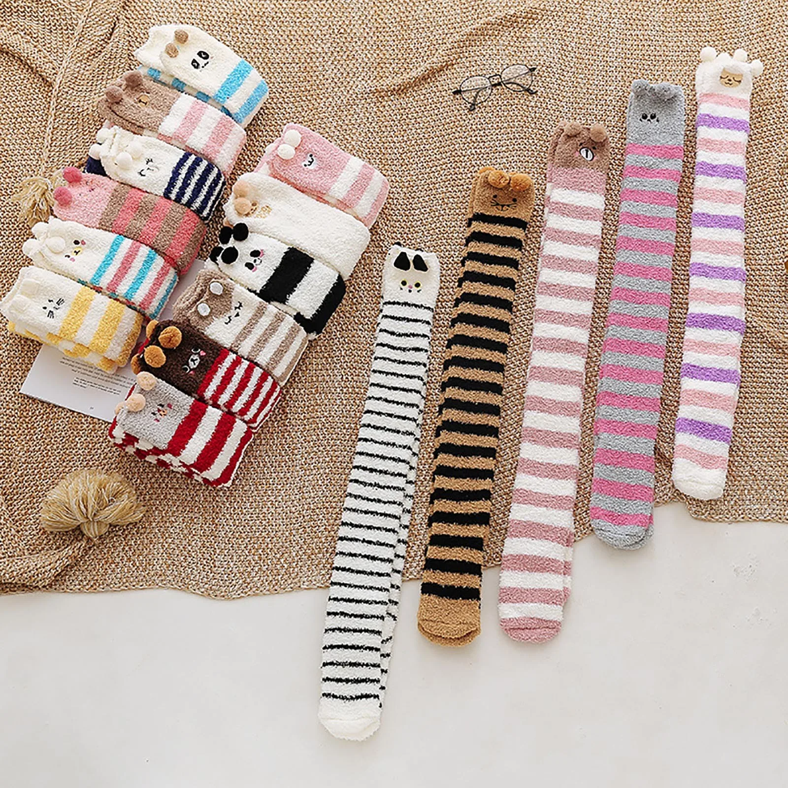 Cartoon Knee High Socks Women's Cute Animal Coral Wool Thickened Warm Half Plush Home Stockings Student Lovely Winter Warm Socks