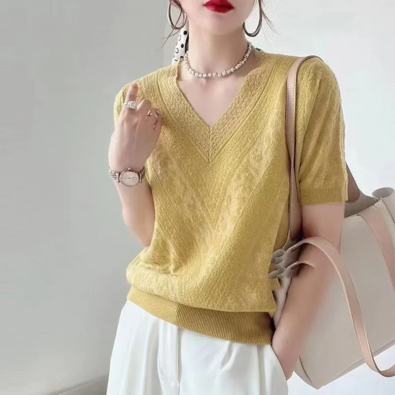 

Elegant Short Sleeve Shirt Women V-neck Summer Ice Silk Blouse New Hollow Out Tops Lady Loose Shirt Casual Loose Clothes 26294