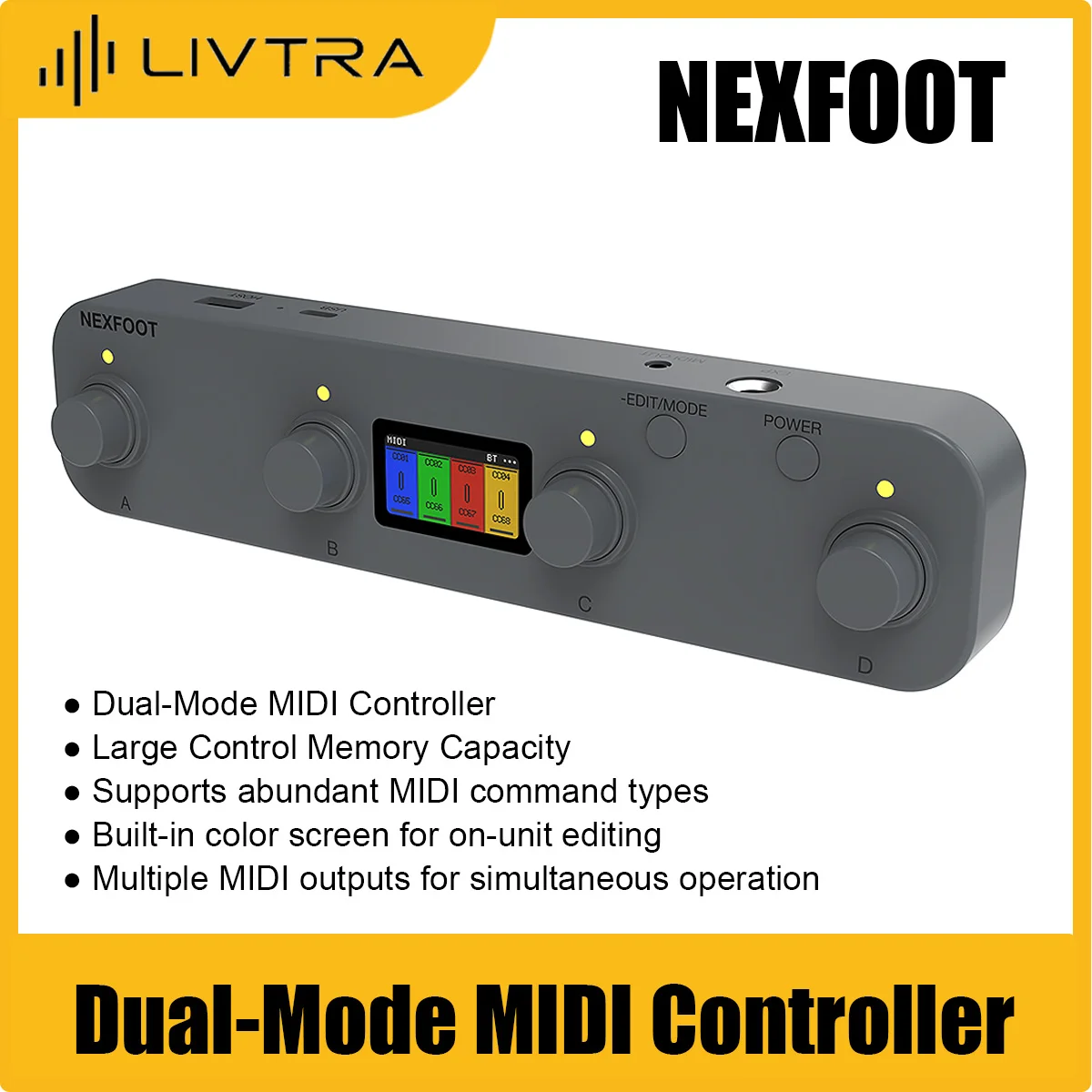 LIVTRA NEXFOOT MIDI Controller - 4 Rotary Encoders, MIDI/PEDAL Dual Mode, 2560 Positions, USB-C/BT/HOST/MIDI Out, 1.47