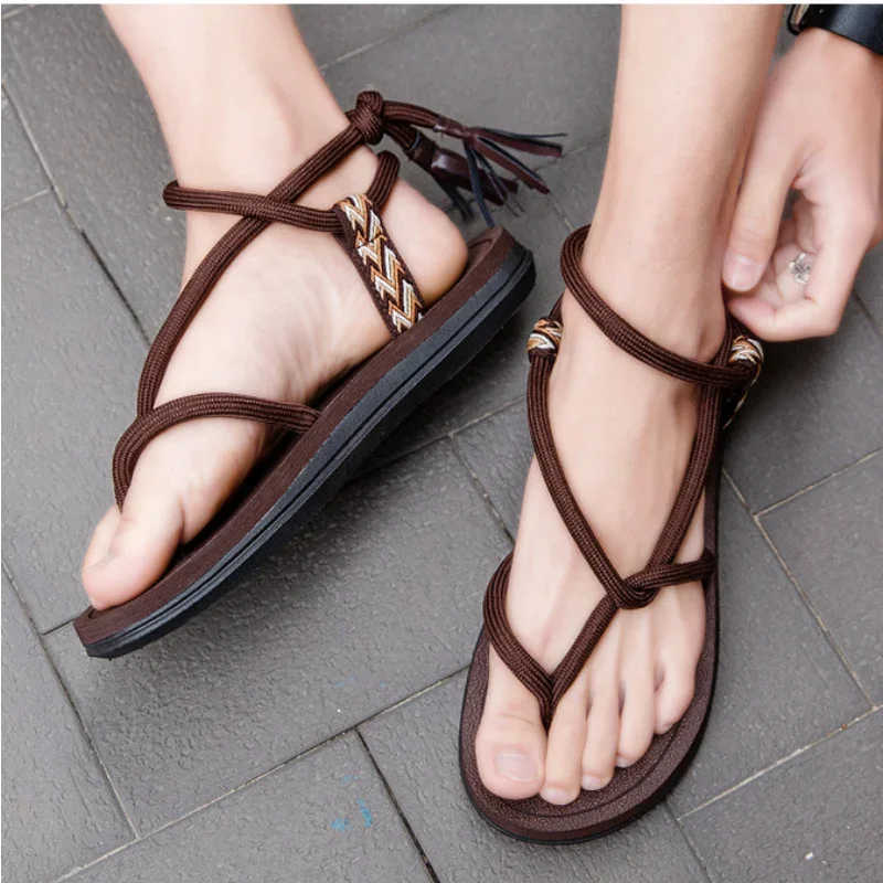 Pintoed Beach Sandals Couple Style Summer Trend Fashion Sandals Female Outerwear Rope Printed Herringbone Strap Slippers Male