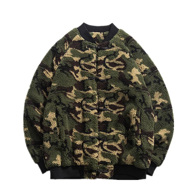 Chinese Style Plus Size Camouflage Fleece Jacket Winter Fashion Parkas Men Clothing Ethnic Style Retro Lamb Wool Coat Harajuku