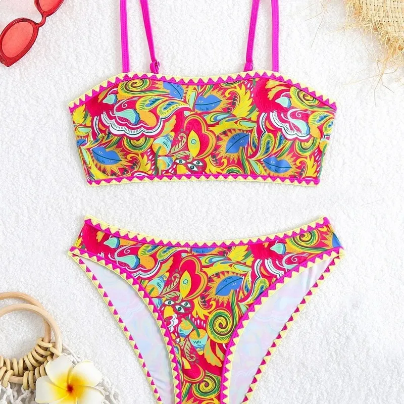 

2026 Women's Printed Ruched Bikini Set Two Piece Push Up Swimwear Padded Bra Quick Dry Beach Bathing Suit