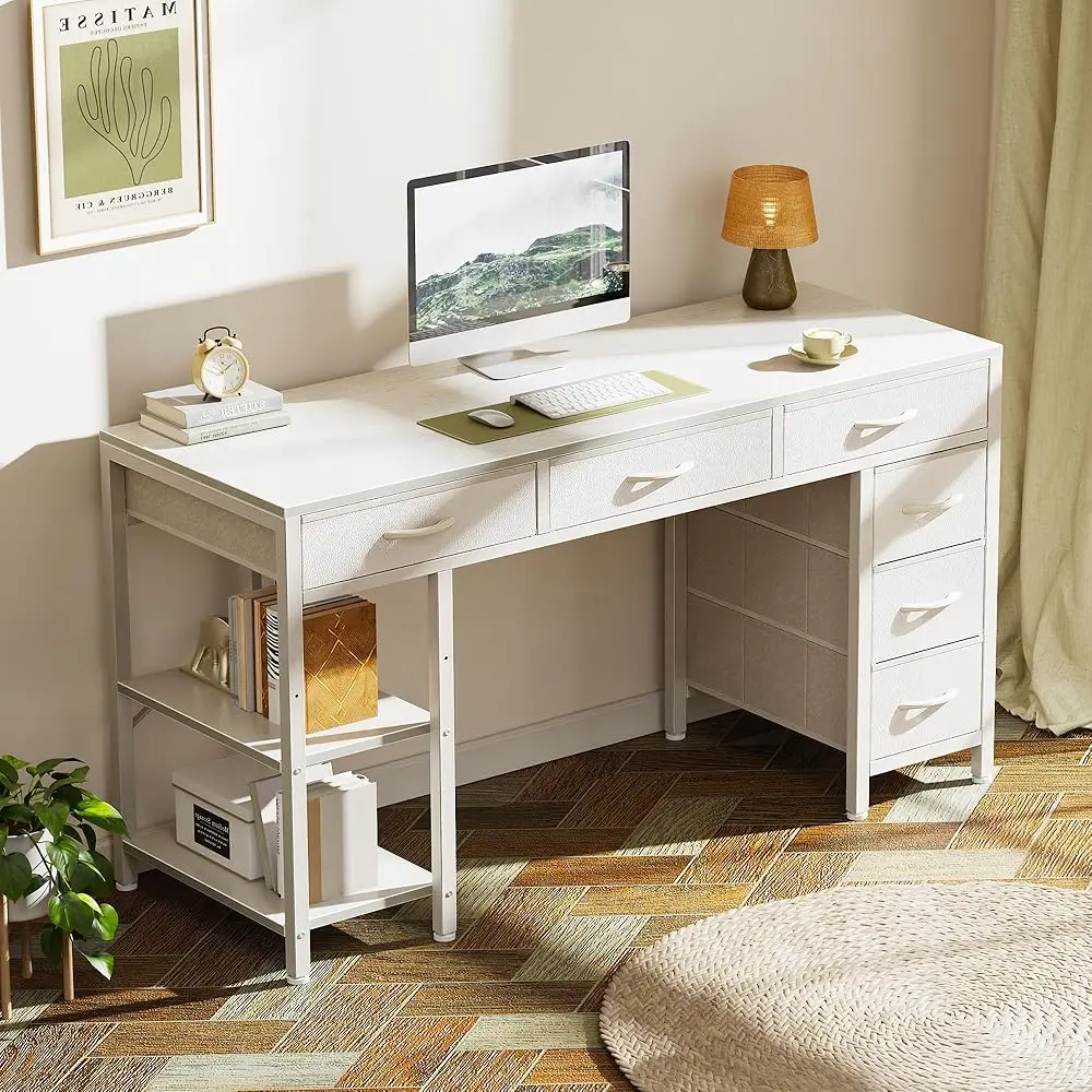 Computer Desk With 6 Drawers, 47 H Office Desk With Shelves, Reversible Gaming Desk, Corner Desk With Storage, Work For Home