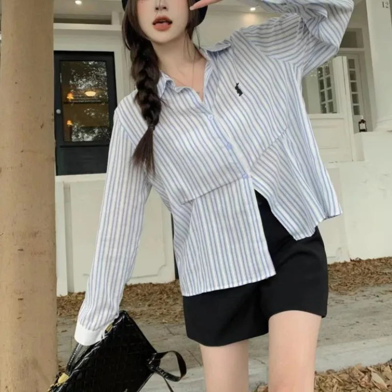 Deeptown Vintage Long Sleeve Striped Shirts Youthful Woman Korean Style Y2k Blouses Japanese Harajuku Fashion Female Tops Summer