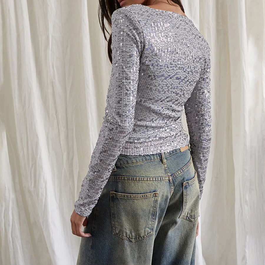 New Women's Long Sleeve Shine Bright Silver T-Shirt Collection Sequins V Neck Lace Up Soild Color Y2K Clothes