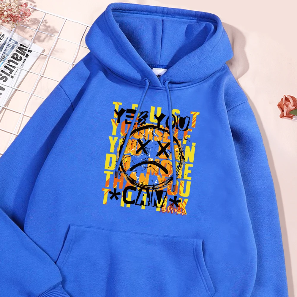 Trust Yourself Letter Smiling Face Print Man Hoodies Warm Fleece Hoodie Soft Comfort Pullover Hip Hop Oversize Hoody Clothing