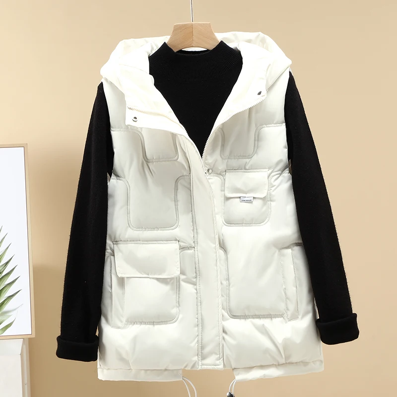 Hooded vest women fashion Korean vest student cotton sleeveless jacket waistcoat solid color winter ladies wear jacket