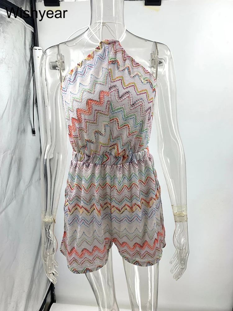 Wishyear Damen Sexy Off-Shoulder-Overall, Boho-Streifendruck, Neckholder, rückenfrei, Playsuit, Strampler, kurze Strand-Overalls, Einteiler