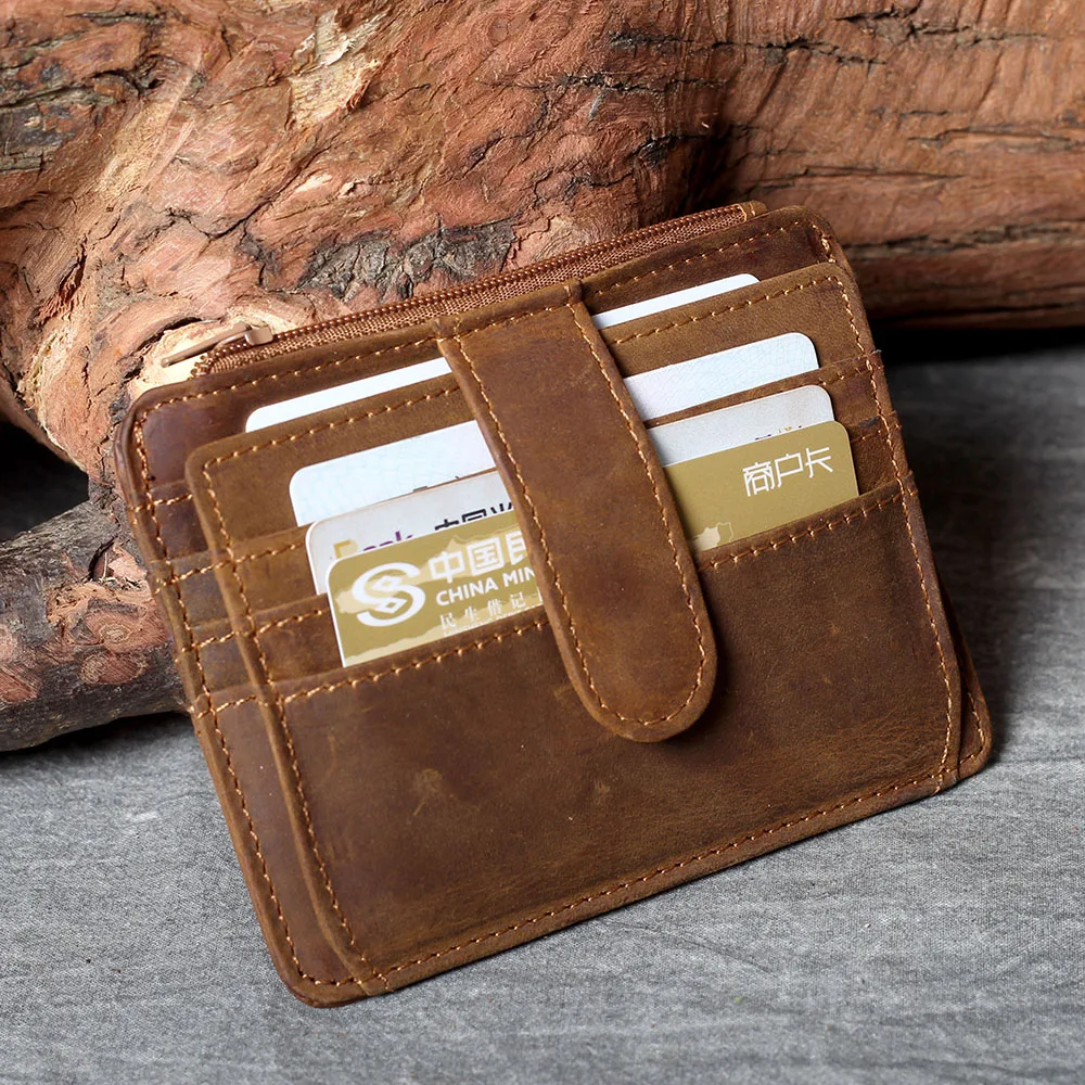 S.WORKER Handgefertigter Vintage-Kartenhalter aus echtem Leder, Vollnarbiges Rindsleder, Kleine Münztasche, Tragbare Tasche – Detail 13