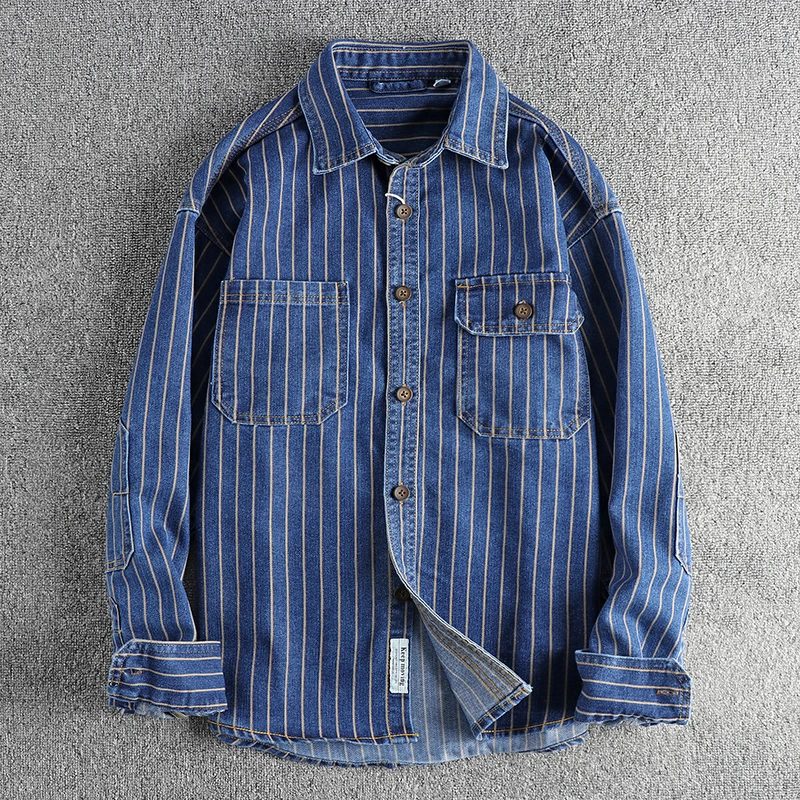 Patch Long Sleeve Amekaji Fashion Vertical Striped Denim Men Shirts Heaveyweight Washed Cotton Coats Casual Cargo Jeans Workwear