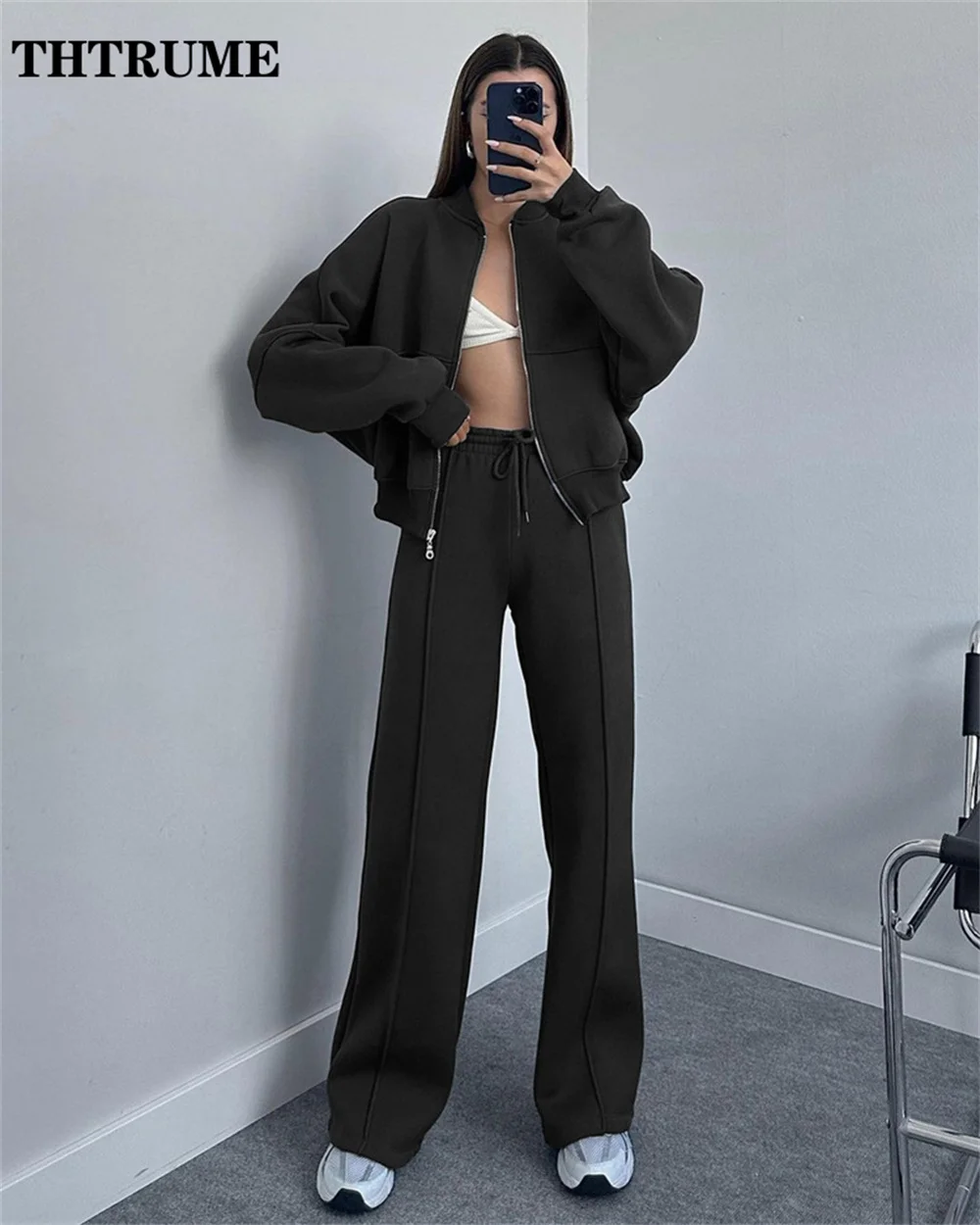 Elegant Women New Two Piece Sets Fashion Autumn Solid Zipper Jackets Straight Pants Outfits Casual Communte Chic Slim Streetwear