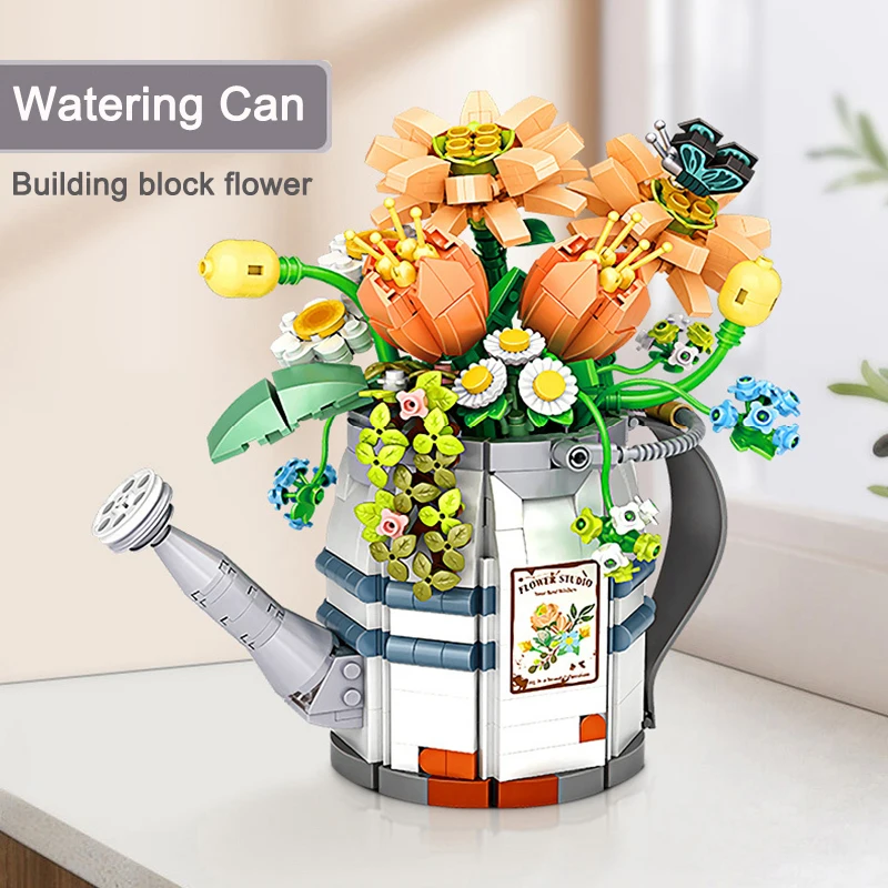 Creative Watering Can Potted Assembled Building Blocks Flower Plant Bonsai Bouquet 3d Model Decoration DIY Children\'s Toy Gift