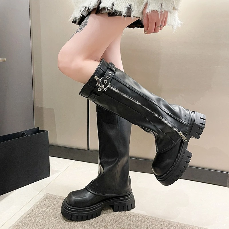 

Platform Long Pipe Booties Casual Women's Knee High Winter Women Biker Boots Fashion Belt Buckle Ladies Elegant