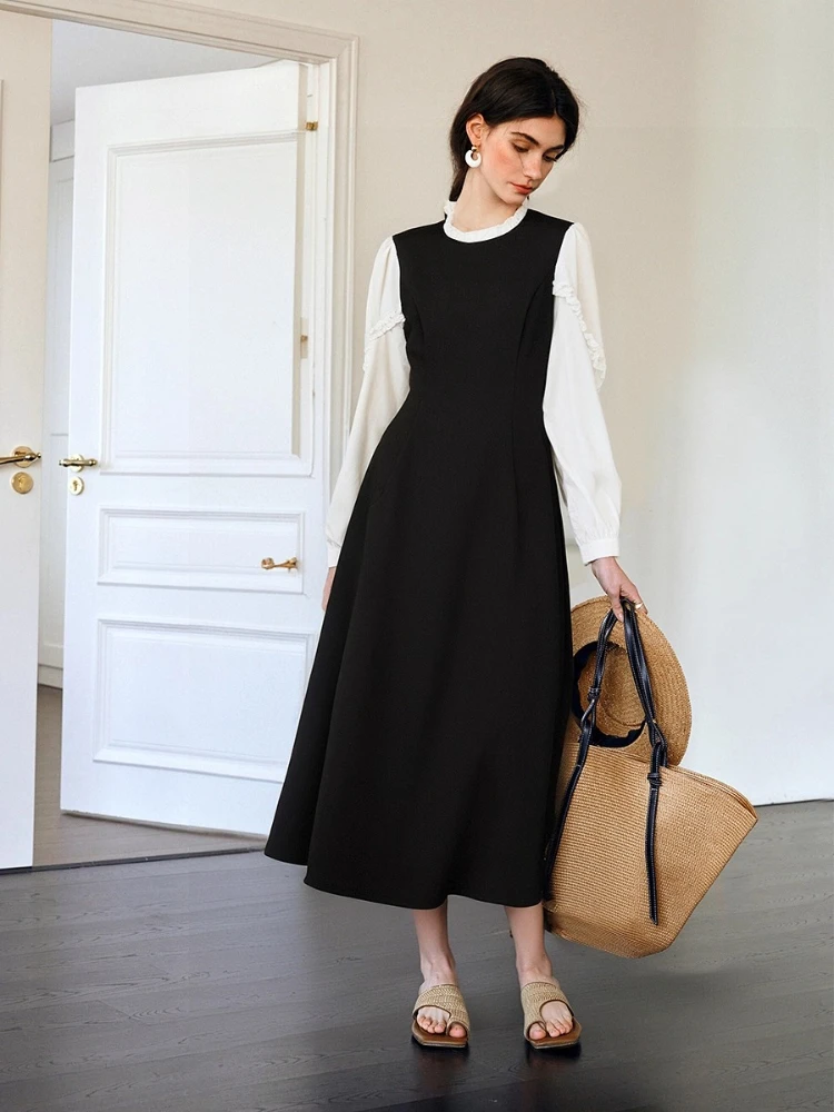 

OLrain Women's Black Woven Dress Autumn 2025 New French Style Mock Two-Piece Long Sleeve Casual Elegant Dress O57QL000262