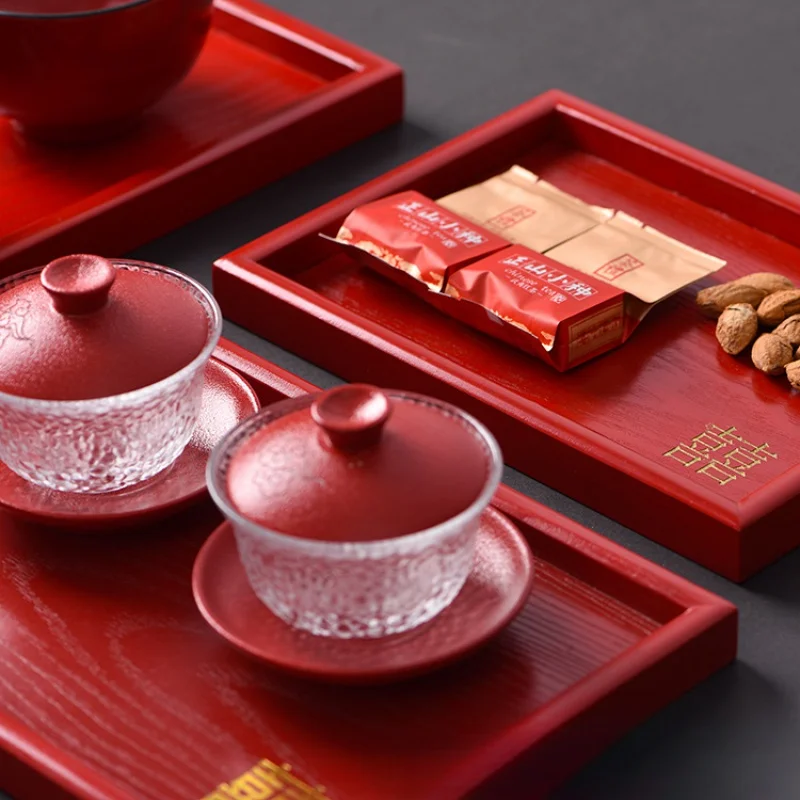 Red Wooden Platter for Respectful Tea Serving & Wedding Celebration