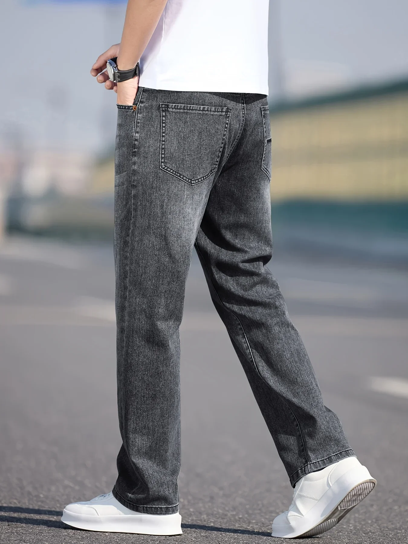 Men's straight-leg baggy jeans, new washed, vintage high street, breathable stretch, wide-leg cargo business casual pants view 6