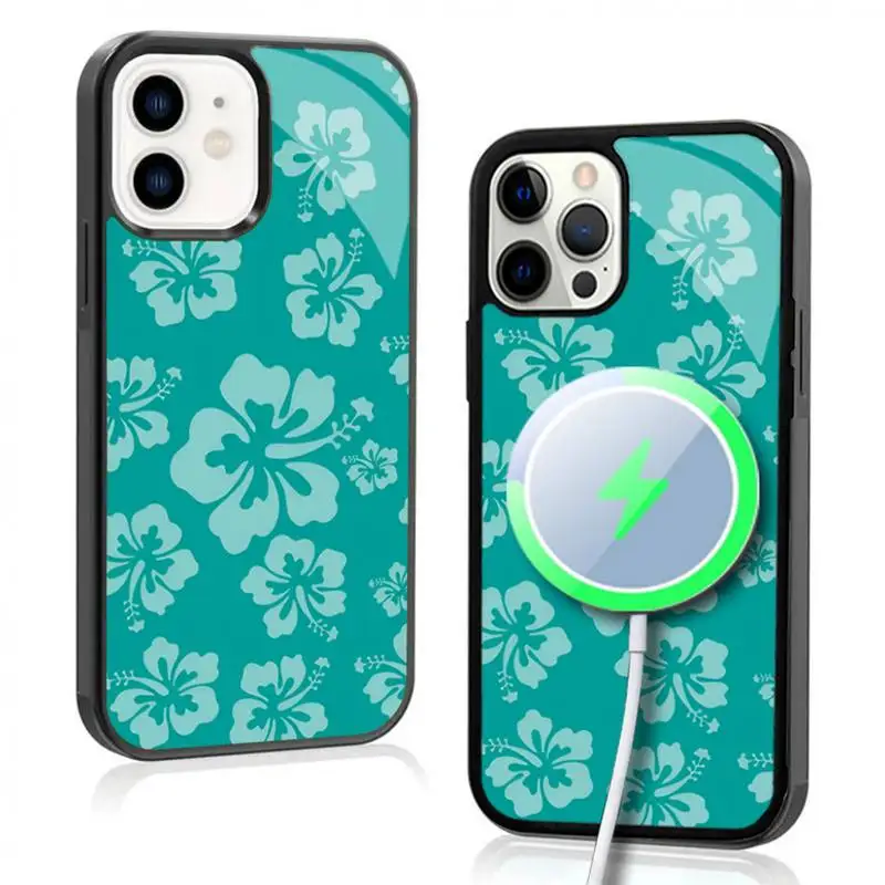 Funda hawaiana con flor de hibisco verde azulado Tropical para iphone 11, 12, 13, 14, 15 Plus Pro Max, espejo acrílico para carga inalámbrica Magsafe