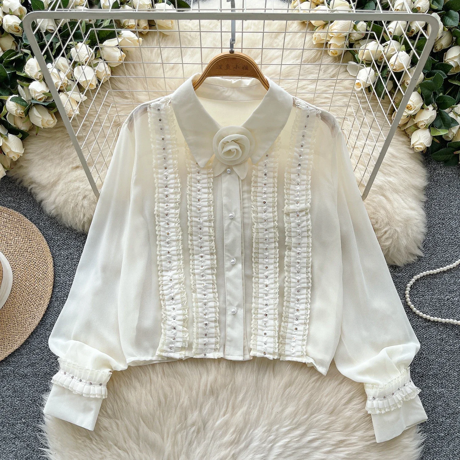 Basics Polo-neck Elegant Ear Fungus Edge Rhinestone Vintage Long Sleeve Loose Top French Streetwear High Street Autumn Blouse