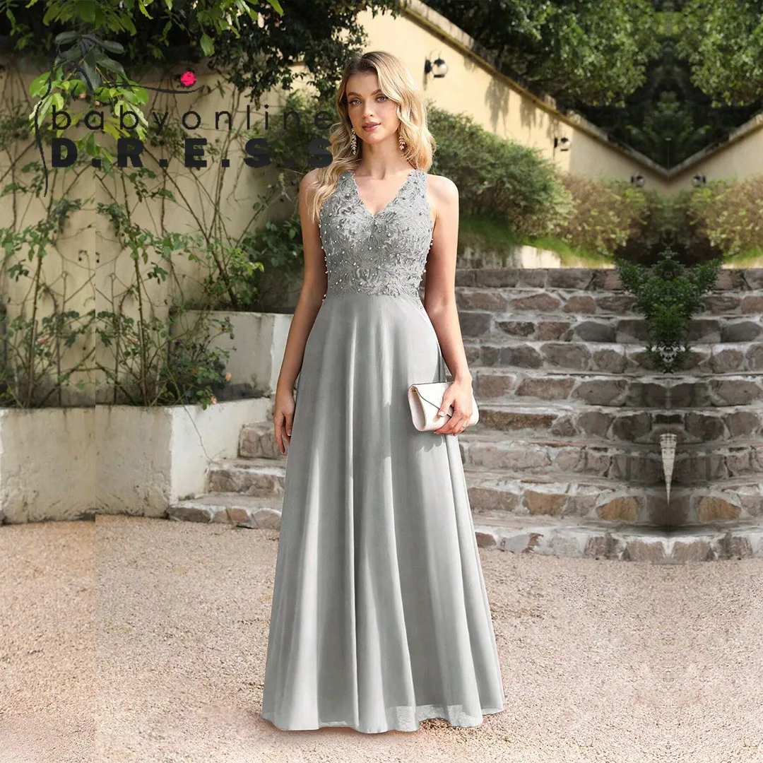 Elegant V-Neckline Lace Pearls Beadings Long Prom Dress Sexy Sleeveless Chiffon A-line Skirt Formal Ball Gown Evening