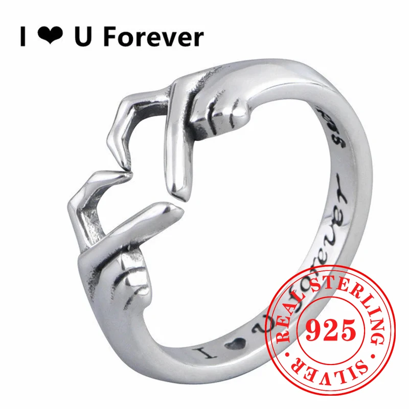 Huitan 925 Sterling Silver Hand Heart Gesture Rings I Love You Forever Engrave Words Girl Accessory Romantic Anniversary Jewelry