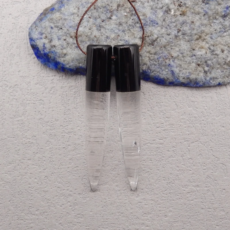 Natural Stone Obsidian White Quartz Earring Bead,Fashion Jewelry Intarsia Earrings For Women 48x8mm 9g