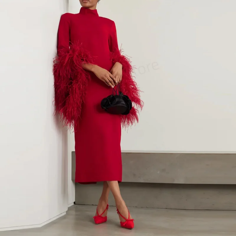 

Сексуальные роскошные вечерние платья с длинными рукавами по индивидуальному заказу и перьями длиной до чая, трапециевидное платье с высоким воротником и вырезом для выпускного вечера