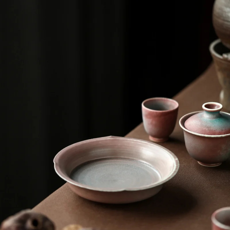 

Handmade Cherry Blossom Powder Flower Mouth Kiln Baked Crystal Tea Tray Begonia Red Gracked Glaze Supportable Pot Tray Ceramic T