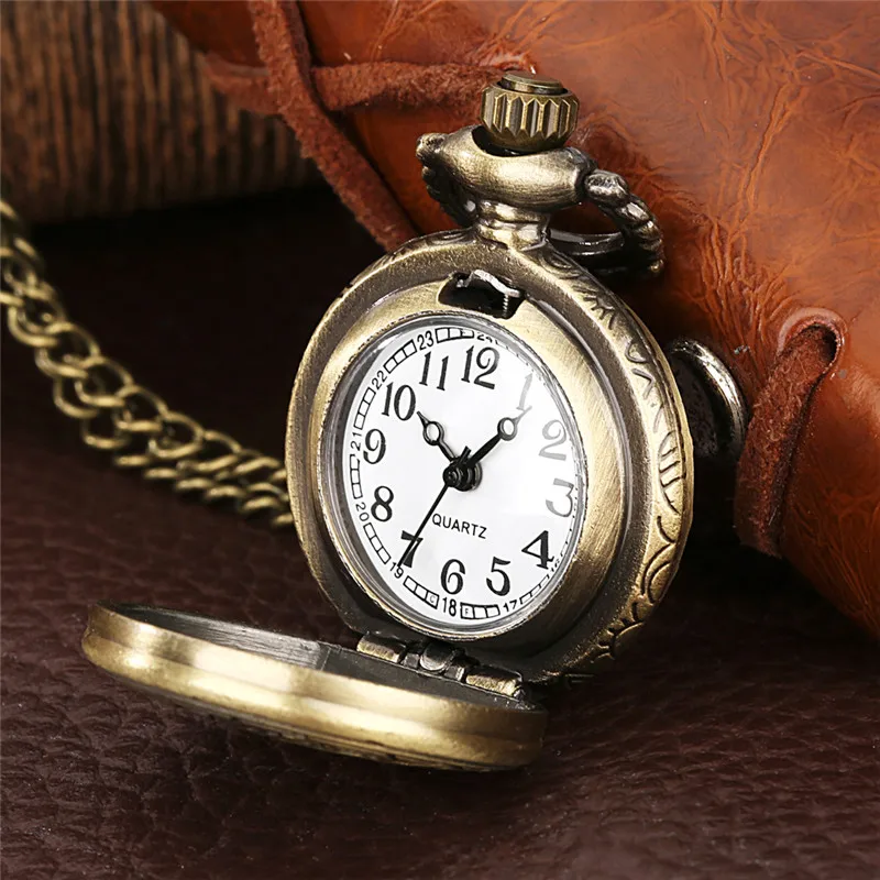 Bronze 3D Elk Deer Pattern Small Size Men Women Quartz Analog Pocket Watch Arabic Number Display Clock Necklace Chain Gift Reloj