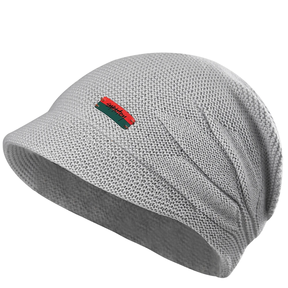 Letter Patched Winter Beanie Hat With Visor Textured Warm Knit Hat Fleece Lined Thermal Baggy Beanie Hat