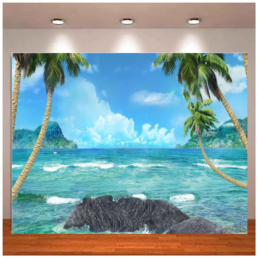 Summer Photography Backdrop Hawaiian Background Waves Palm Trees Rock Photo Studio Decoration Banner Poster