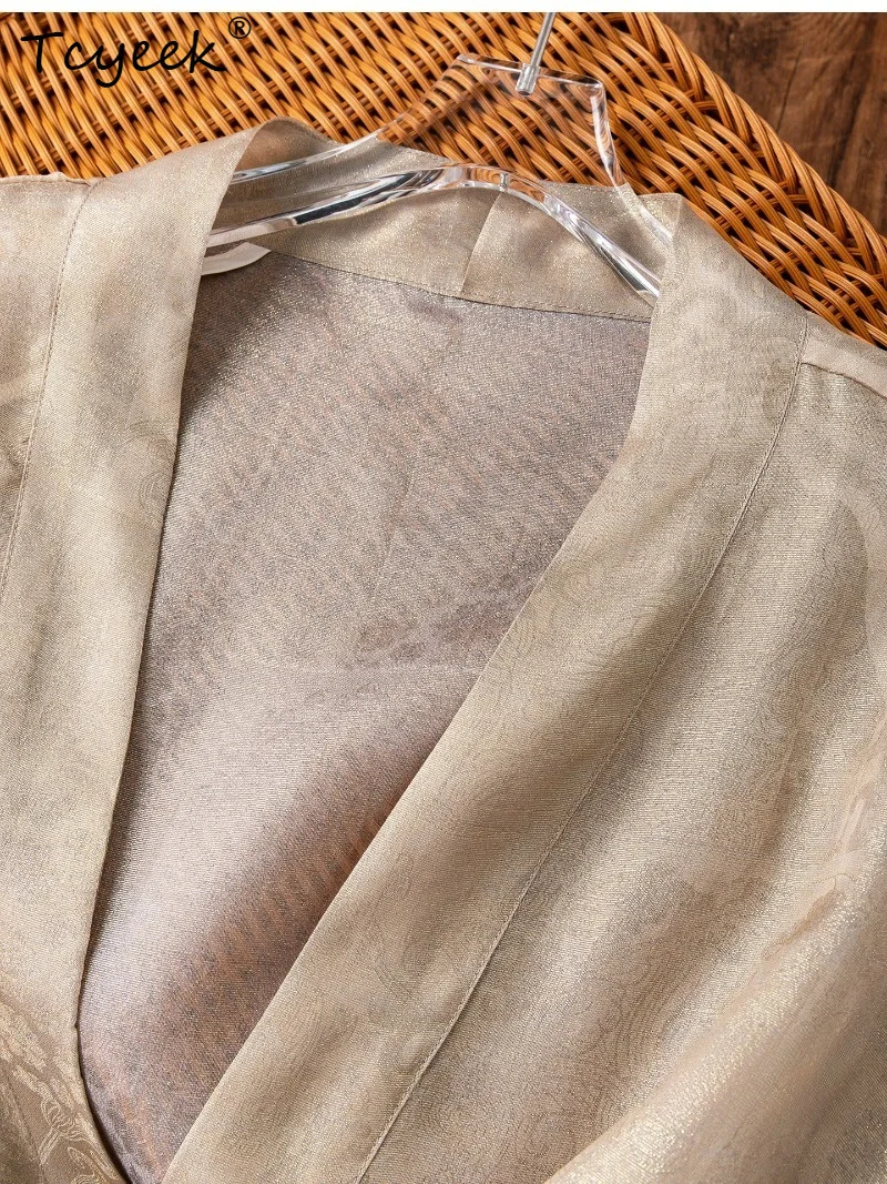 Tcyeek 93.9% Real Mulberry Silk Woman Tops 2026 Summer Classical Lightweight Beige Hanfu Shawl Clothes for Woman Roupas Feminina