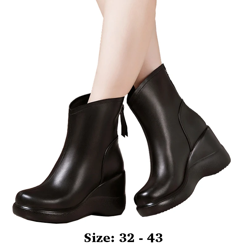 

High quality mid-calf leather wedge boots for women 8cm high heel zipper new 2025 32 33 34 autumn winter elegant shoe black