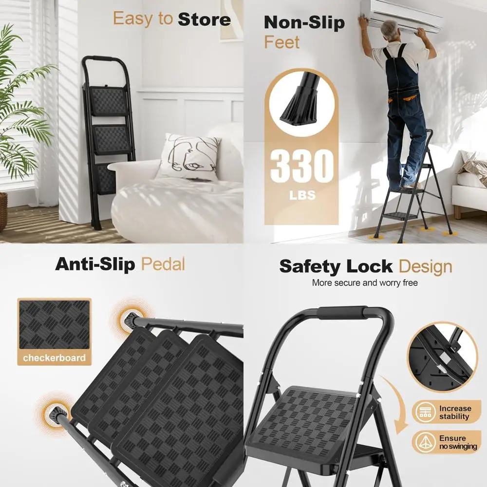 

3 Step Ladder, 3 Step Stool or Adults, 3 Step Ladder olding Step Stool with Cushioned Handle Step Ladder with Wide Pedal Ergonom