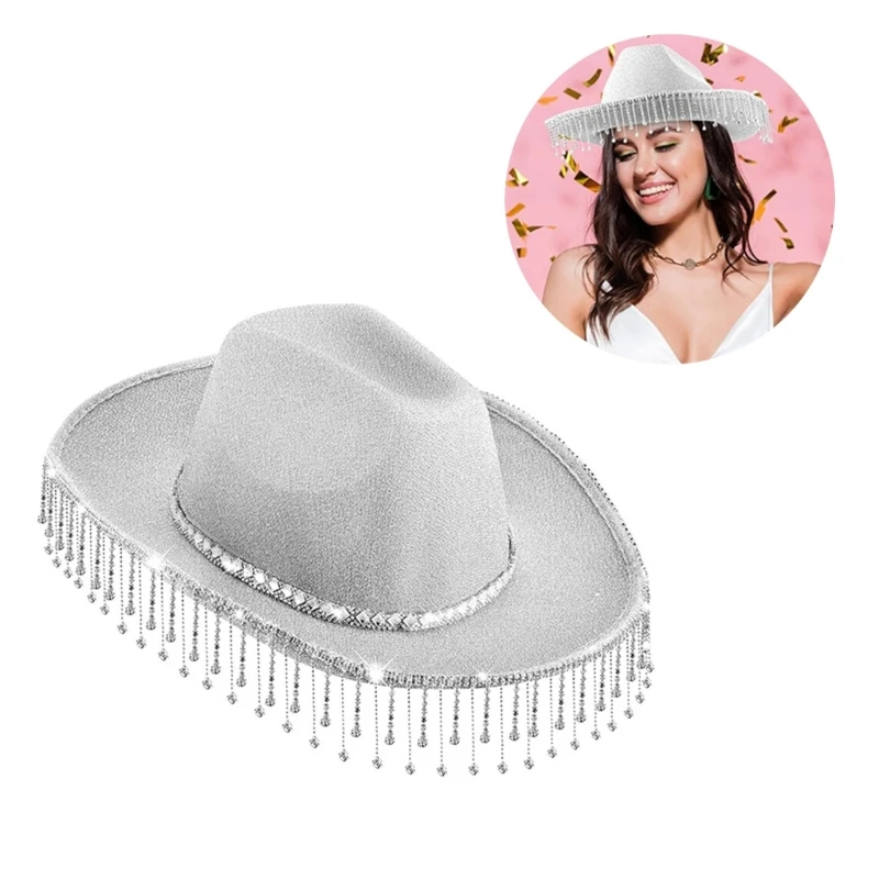 Shimmering Powder Tassels Cowboy Hat Adult Women Bridal Shower Cowgirl Cap Masquerade Balls Costume Headdress