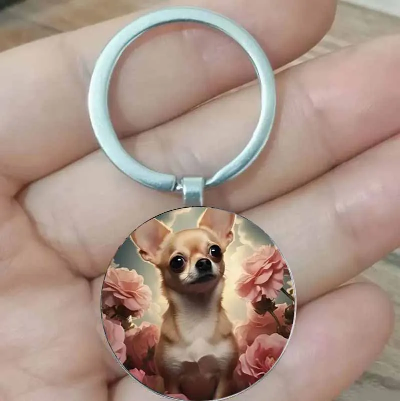 

Retro Chihuahua style keychain with pink flowers, zinc alloy, a birthday gift for dog lovers