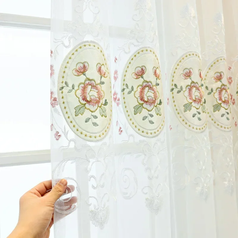 European Style Window Screen Embroidery White Gauze Curtain Fabric High-grade Lace Embroidery Screen Solid Color Floating