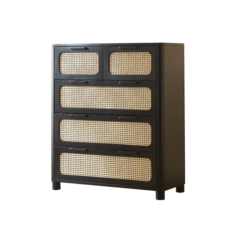 French solid wood rattan chest of drawers, retro wabi, drawer locker