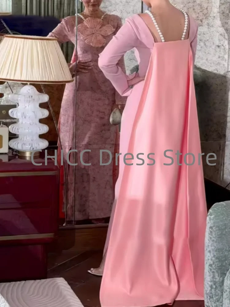 아름다운 이브닝 드레스, 케이프 롱 슬리브 스퀘어 칼라 여성용 정장 가운 핑크 3D 꽃 파티 프롬 드레스 맞춤 제작