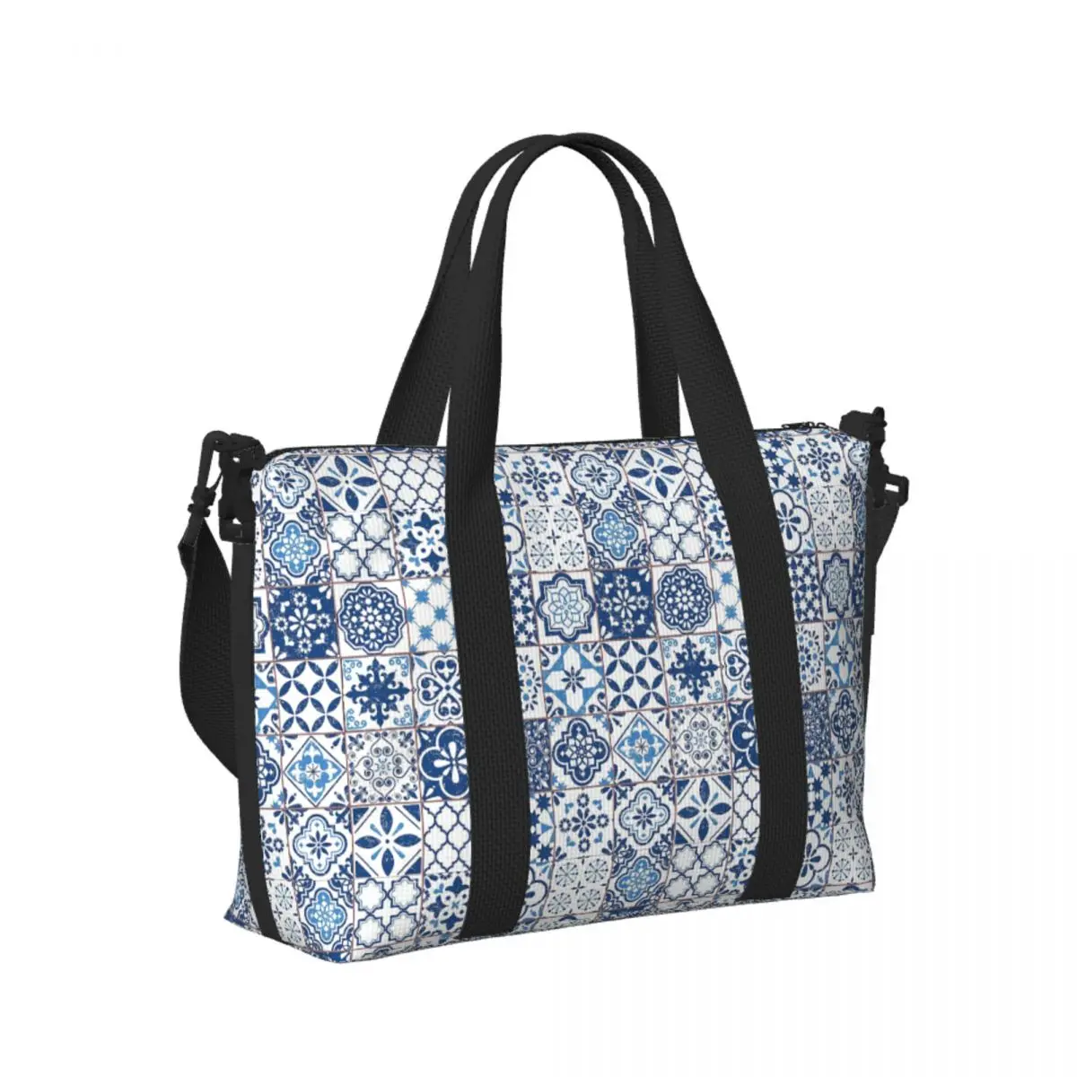 

Custom Portuguese Azulejos Beach Travel Bag Large Capacity Tote Bags for Gym Yoga Women Shopping Duffle Shoulder Bag