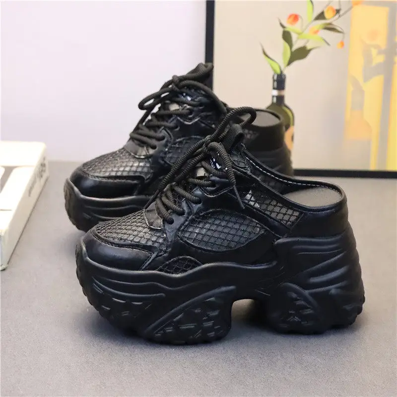 

12CM Super High Heel Summer New Women Platform Closed Toe Slippers Mesh Breathable Slip on White Dad Shoes for Petite Ladies